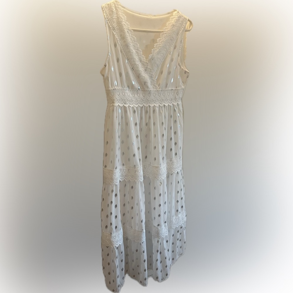 White & silver maxi lined dress. Lace layered & V neck trim. Sleeveless.